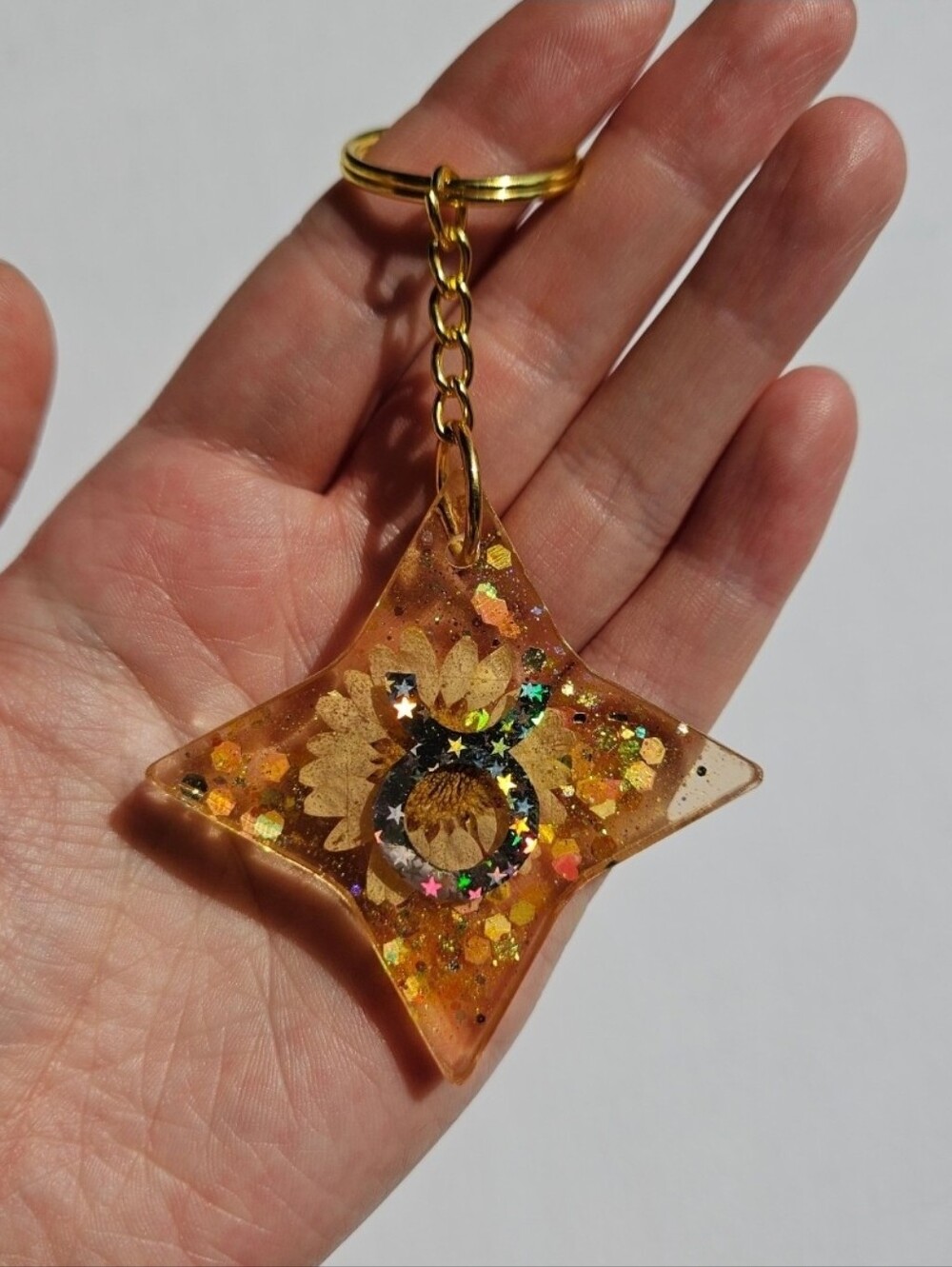 Handmade Taurus Zodiac Gold Resin Keychain - Picture 3 of 4